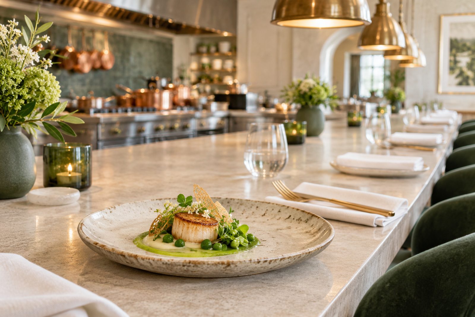 A plated course on a stone chef's counter with the open kitchen behind