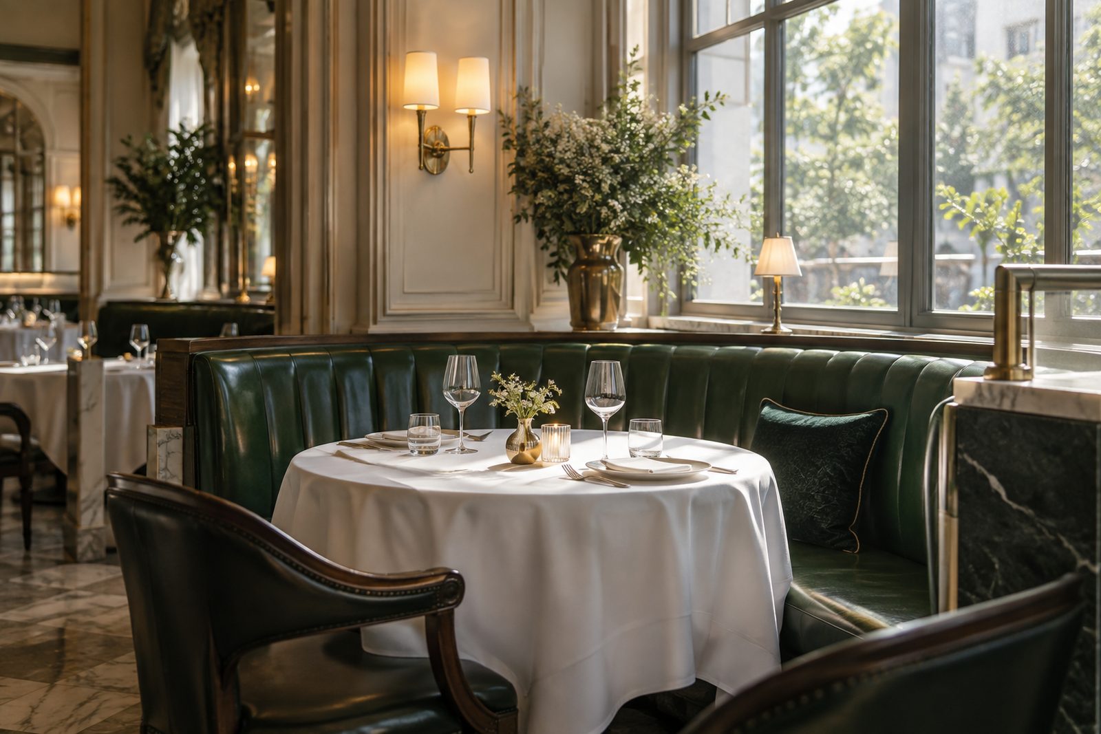 A corner table set for two beside a curved green leather banquette