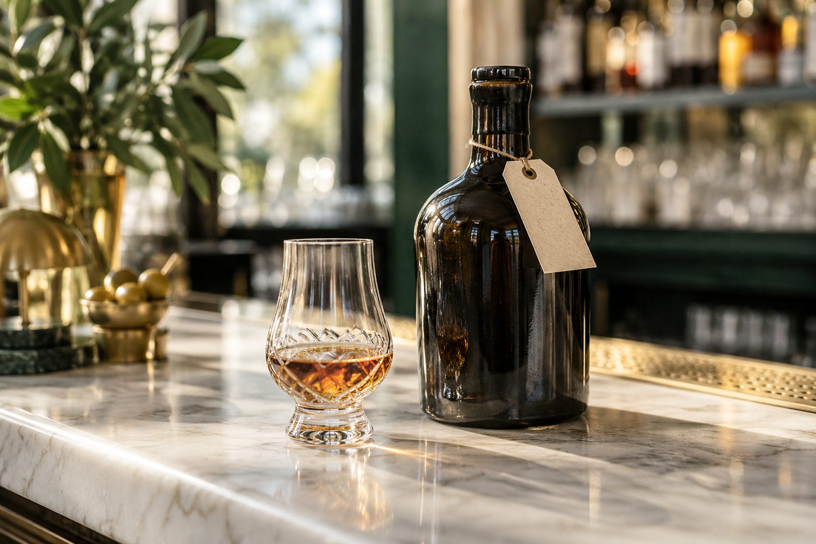 A small pour of amber spirit beside an unlabeled bottle on a marble bar