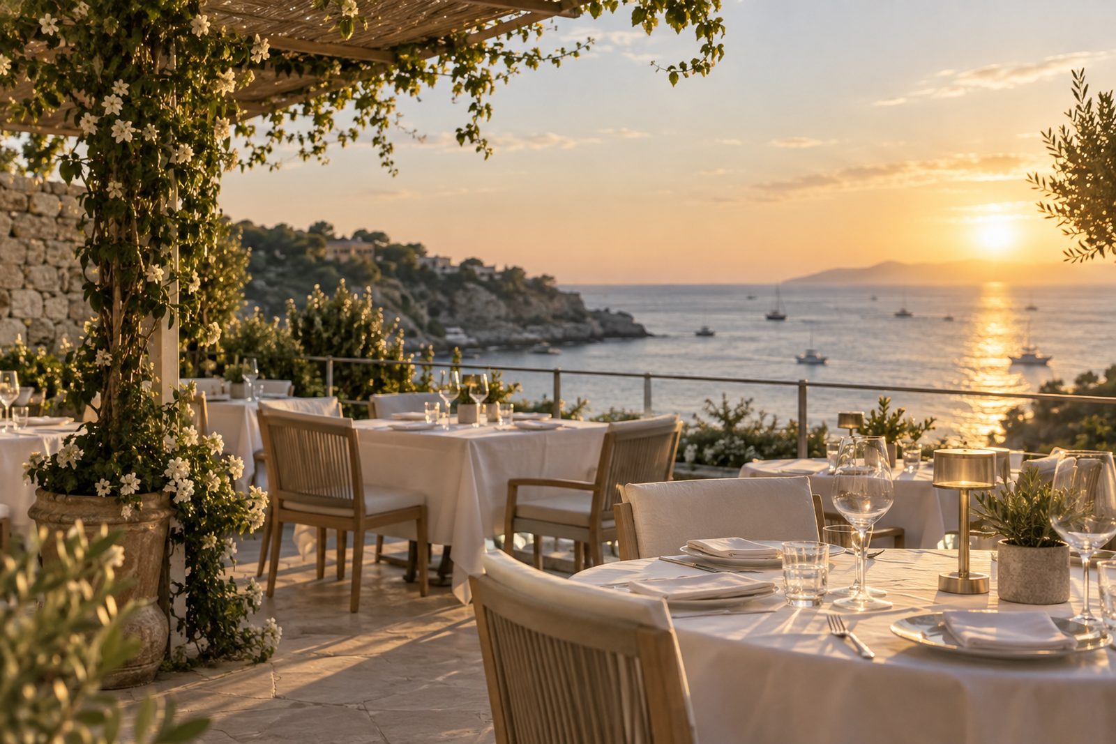 A seaside restaurant terrace set for dinner at golden hour