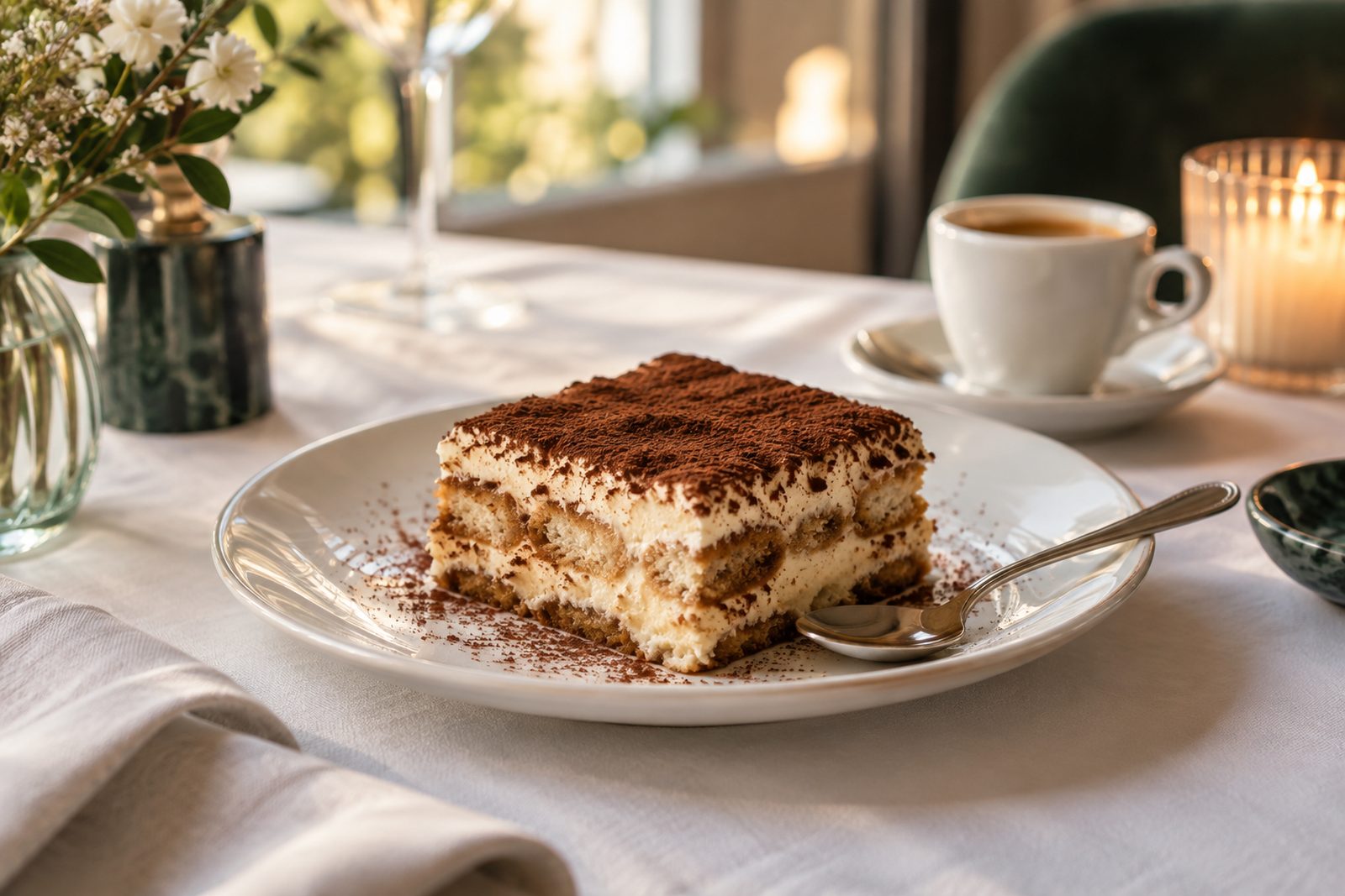 A square of tiramisu dusted with cocoa on a white plate